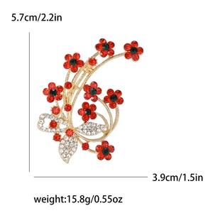 Elegant Christmas flower brooch with red rhinestones and golden petals, 5.7cm height