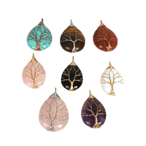 Handmade wire wrapped Tree of Life crystal necklaces in teardrop shape, multi-color variety