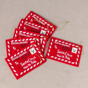 Red felt Christmas envelope ornaments with white Santa Claus text for tree decoration