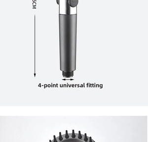 Detail of grey handheld pressure shower head with G1/2 universal interface and stop button