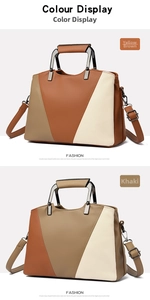 Detail view of contrast color leather handbags with metal handles and shoulder straps