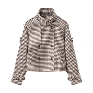Short Woolen Jacket Houndstooth Pattern Double Breasted Stand Collar With Leather Buckle Elegant Winter Outerwear For Women