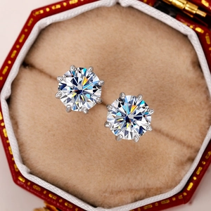 Macro shot of classic six-prong crown stud earrings with round-cut cubic zirconia gems