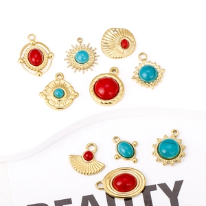 Detailed set of bohemian 18K gold plated stainless steel sun pendants with natural stones