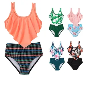 Maillot De Bain Fille Haut Et Bas Bordure À Volants Taille Haute Imprimé Floral Tropical Nylon Extensible Maillots De Bain Tankini
