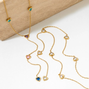 Chic 316L stainless steel Y-shaped gold necklaces with colorful heart gemstones