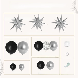Detailed 120pcs black and silver balloon garland kit set with various balloon sizes and tools