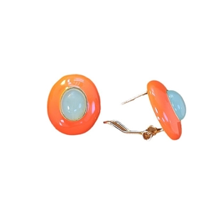 Vintage oval enamel earrings with orange gradient and light blue stone in gold finish
