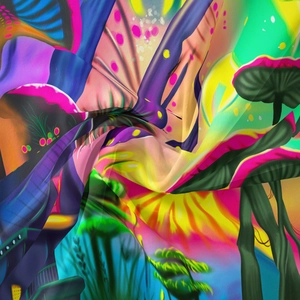 Detailed view of the smooth, silky fabric texture on a psychedelic mushroom tapestry