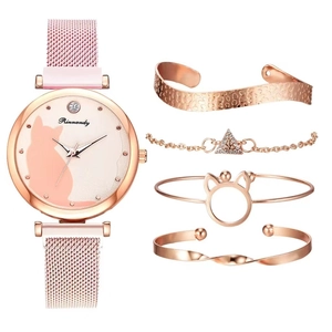 Rose gold quartz watch set with cat pattern dial and matching decorative bracelets