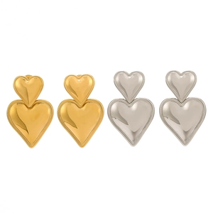 Double heart drop earrings in 18K gold and silver plated stainless steel finishes
