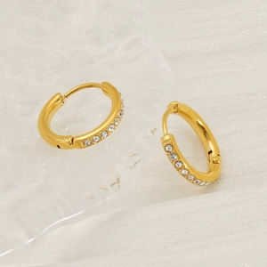 18K gold plated titanium steel hoop earrings with crystal rhinestones on white background