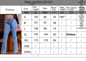Tableau des tailles détaillé pour jean évasé taille haute extensible avec référence style