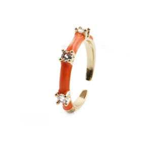 Chic orange enamel and gold alloy open ring with sparkling white zircon accents