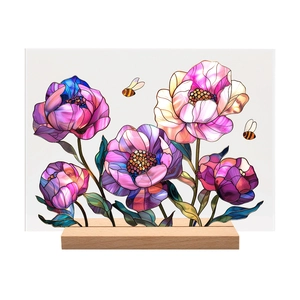 Detailed acrylic floral stand with bees and pink flowers on a solid wood base