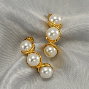 Artificial Pearl Earrings 18K Gold Plated Stainless Steel Twisted Design Elegant Studs For Women Fashion Minimalist Jewelry Gift