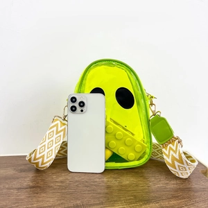 Fluorescent green transparent alien jelly bag with striped wide shoulder strap for women