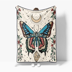 Detail of soft flannel blanket featuring a vintage colorful butterfly and moon art print