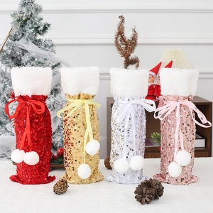 Christmas Wine Bottle Covers Sequin Faux Fur Trim Decorative Gift Bags For Table Setting Festive Holiday Party Decor