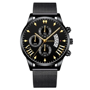 Men Quartz Watch Alloy Case Stainless Steel Mesh Strap Calendar Chronograph Style Analog Dial Business Fashion
