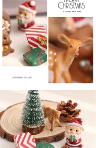 Detailed view of resin Christmas ornaments featuring Santa, reindeer and mini gift boxes