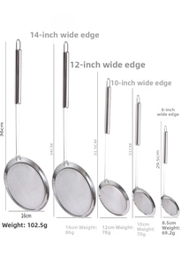 Detailed size chart for 5 stainless steel fine mesh oil skimmers with long handles