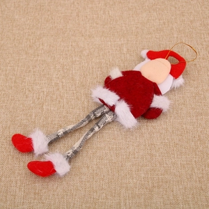 Detailed view of handmade long-legged Santa Claus hanging ornament with red plush fabric