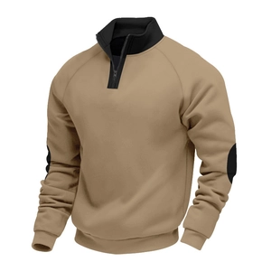 Men's khaki half-zip color block sweatshirt with black patches and ribbed cuffs
