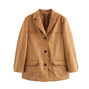 Women's camel faux suede blazer featuring long sleeves and triple button closure