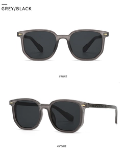 Front and side view of grey square pilot sunglasses with gold arrow studs and carved temples
