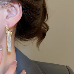 Detail of silver tassel earrings featuring a golden leopard head design on model