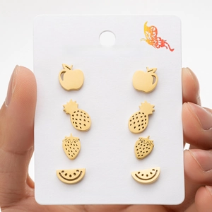 Set of 4 pairs gold stainless steel fruit stud earrings featuring apple, pineapple, and strawberry