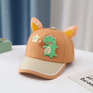 Detail of khaki cotton baby baseball cap with dinosaur patch and 3D animal ears
