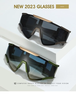 Detail of oversized futuristic sports sunglasses with UV400 lenses on white platform