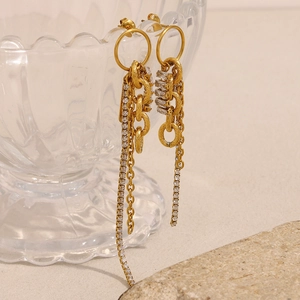 Boucles d'oreilles pompon en acier plaqué or 18K avec zircons blancs scintillants