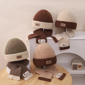 Winter knitted beanie and scarf set for kids in brown and beige color combinations