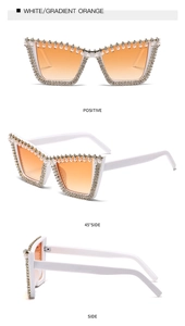 Detailed views of white oversized sunglasses featuring rhinestone and pearl embellishments