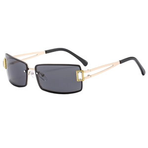 Chic Y2K rimless rectangular sunglasses with gold split metal arms and rhinestone details