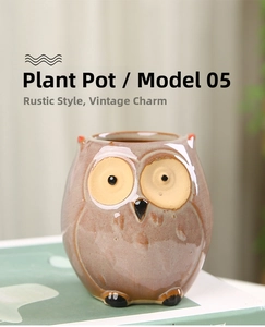 Detail of owl-shaped ceramic planter with vintage brown glaze finish for succulents