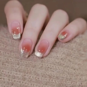 Press On Nails French Cat Eye Blush Ombre Coffin Shape Glitter Glossy Detachable Fake Nails For Women
