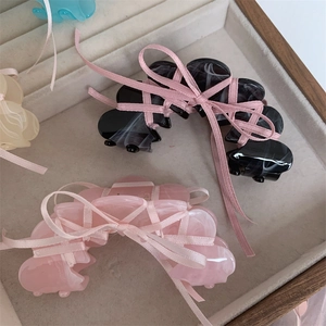 Ballet style acetate claw clips with pink ribbons and marble pattern for hair styling