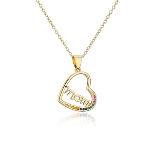 Close-up of gold MOM heart pendant with colorful zircon stones and O-chain detail