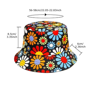 Floral print sun bucket hat with colorful daisy patterns and 56-58cm head circumference