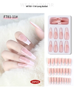 Detail of 24pcs long ballerina press-on nails with classic pink and white French tip design