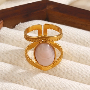 18K gold plated stainless steel ring with pink oval cat-eye stone and bead texture