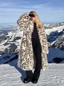 Damen Langer Kunstpelzmantel Leopard Print Warm Winter Reverskragen Streetwear Jacke Oberbekleidung