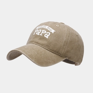 Detail of vintage brown cotton baseball cap with World's Best Papa print and stitching