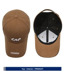 Détails de la casquette marron avec broderie 3D montrant le dessus et la doublure interne