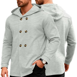 Men Hooded Trench Coat Double Breasted Solid Color Jacket Mid Length Slim Fit Polyester Spandex Blend Casual Outerwear