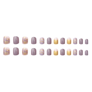 24pcs lilac purple press-on nails with gold glitter, foil accents and V-shaped stripes